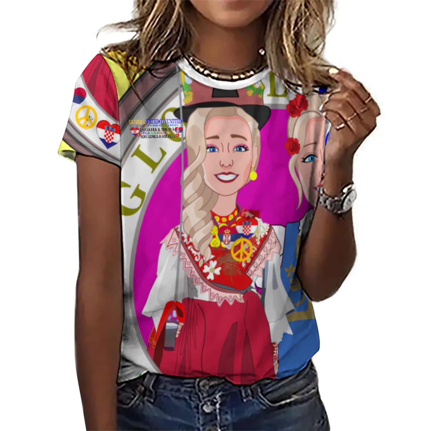Women´s T-shirt 2 3 GLOBAL FREEDOM UNITED© Women Croatia & Serbia Blondi Yellow