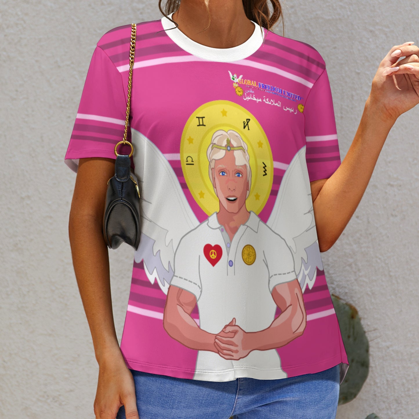 Women´s T-shirt Global Freedom United Archangel Michael Arabic V2 Pink1
