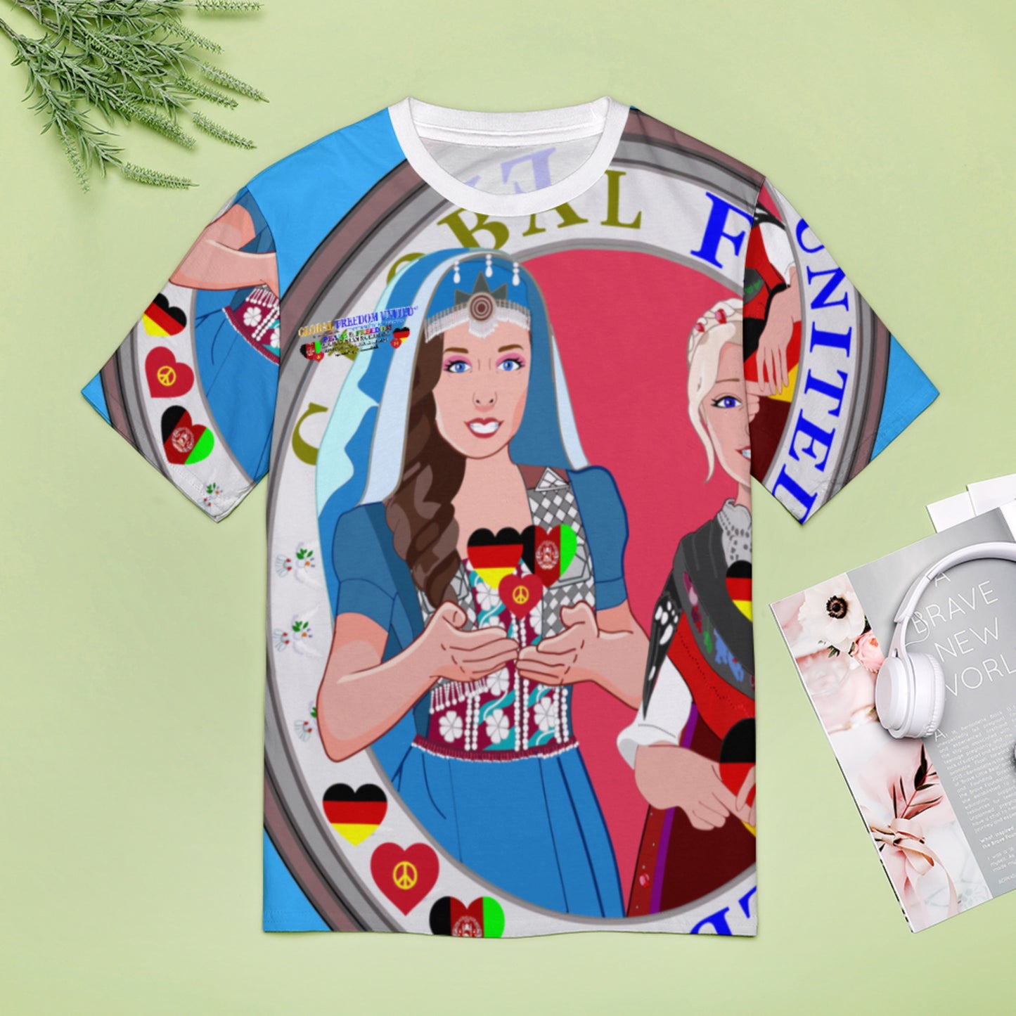 Full Print T-shirt Global Freedom United Women Afghanistan & Germany Old Peace Blue