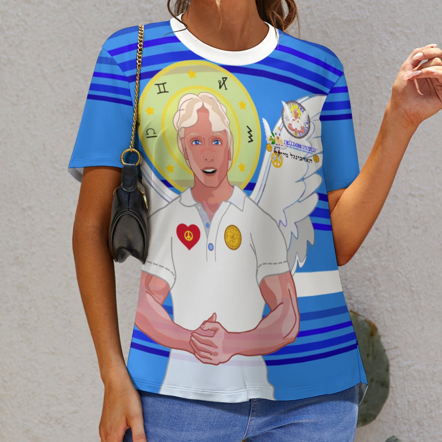 Women´s T-shirt 2 Global Freedom United Archangel Michael Hebrew  Deep Blue