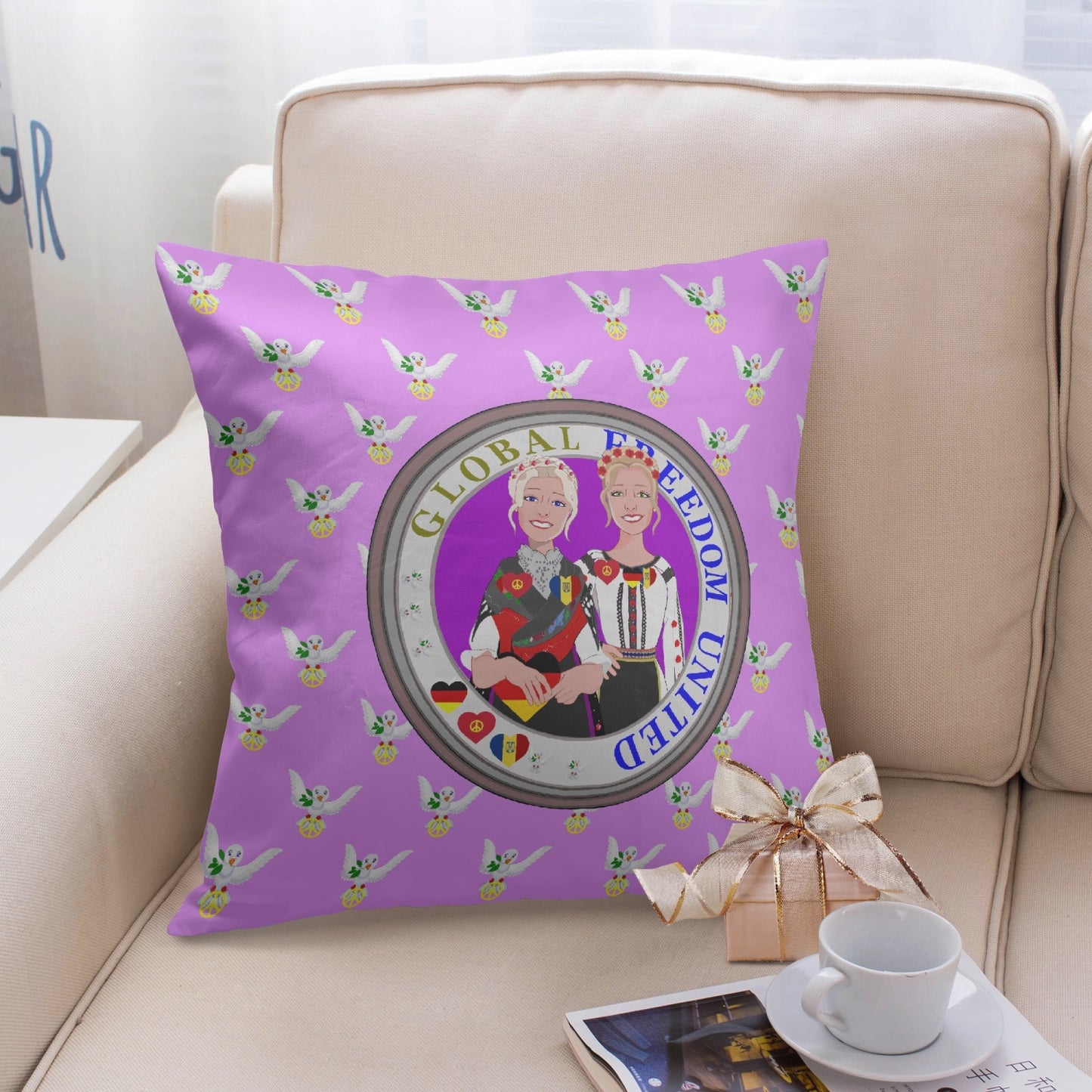 GLOBAL FREEDOM UNITED© Women GERMANY & ROMANIA Lilac 18'' Square Pillow Cover