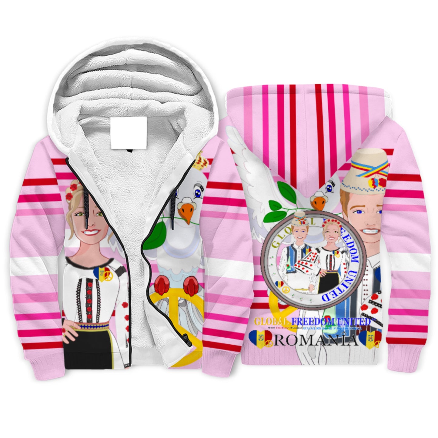 Plush Hoodie GLOBAL FREEDOM UNITED© Couple Edition Romania Pink 2