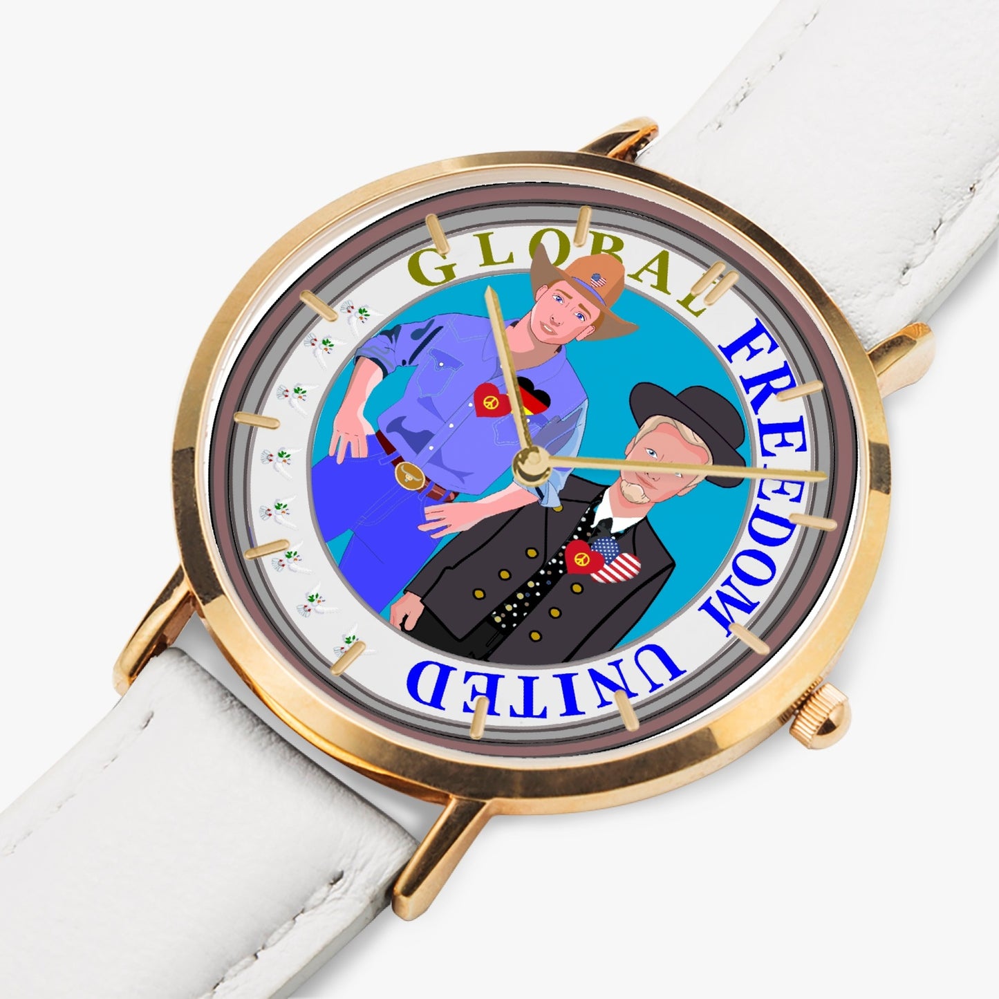 Hot Selling Ultra-Thin Leather Strap Quartz Watch (Rose Gold With Indicators) GLOBAL FREEDOM UNITED MEN USA & GERMANY OLD PEACE