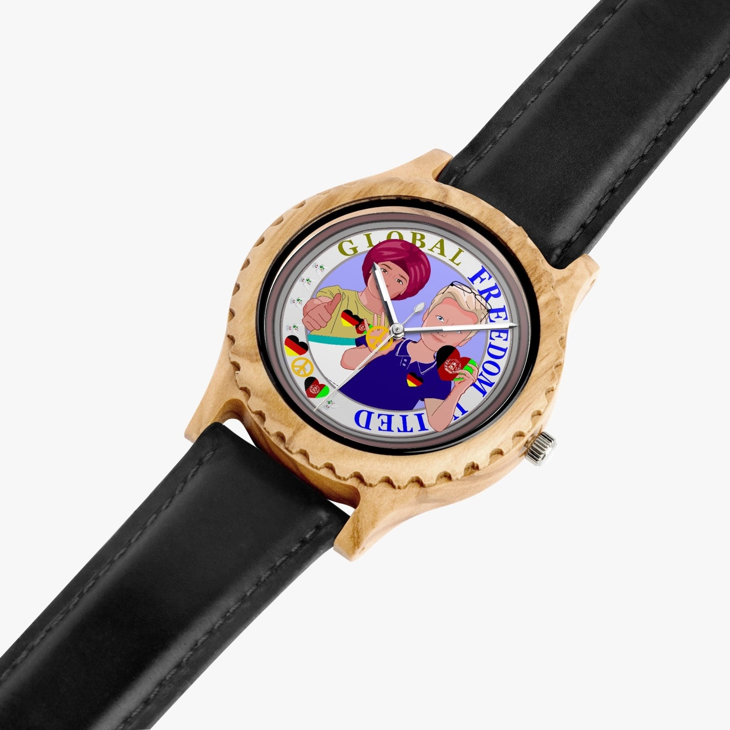 GLOBAL FREEDOM UNITED© Men AFGHANISTAN & GERMANY - Italian Olive Lumber Wooden Watch - Leather Strap