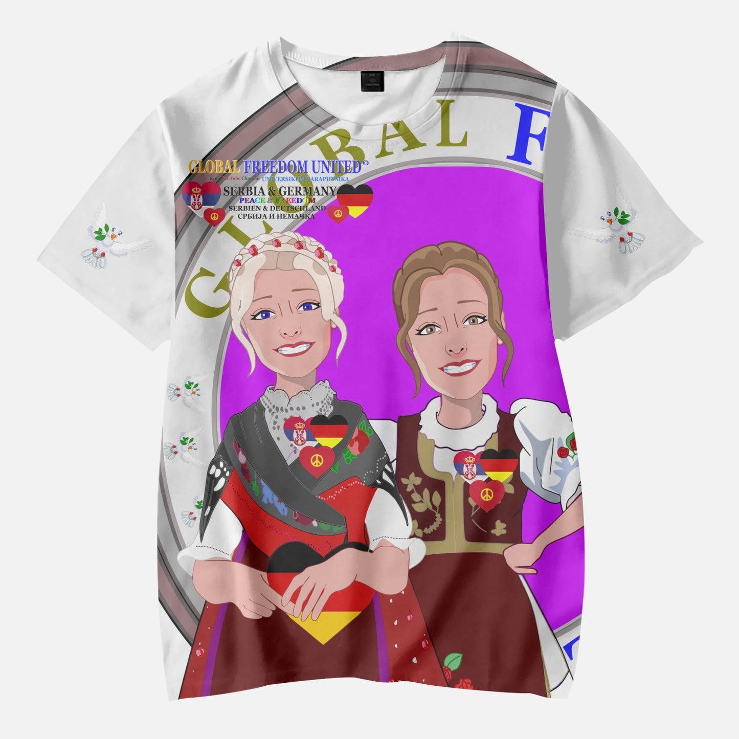 GLOBAL FREEDOM UNITED©  GIRLS SERBIA & GERMANY OLD PEACE WIGHT AOP Kids' Short T-Shirts