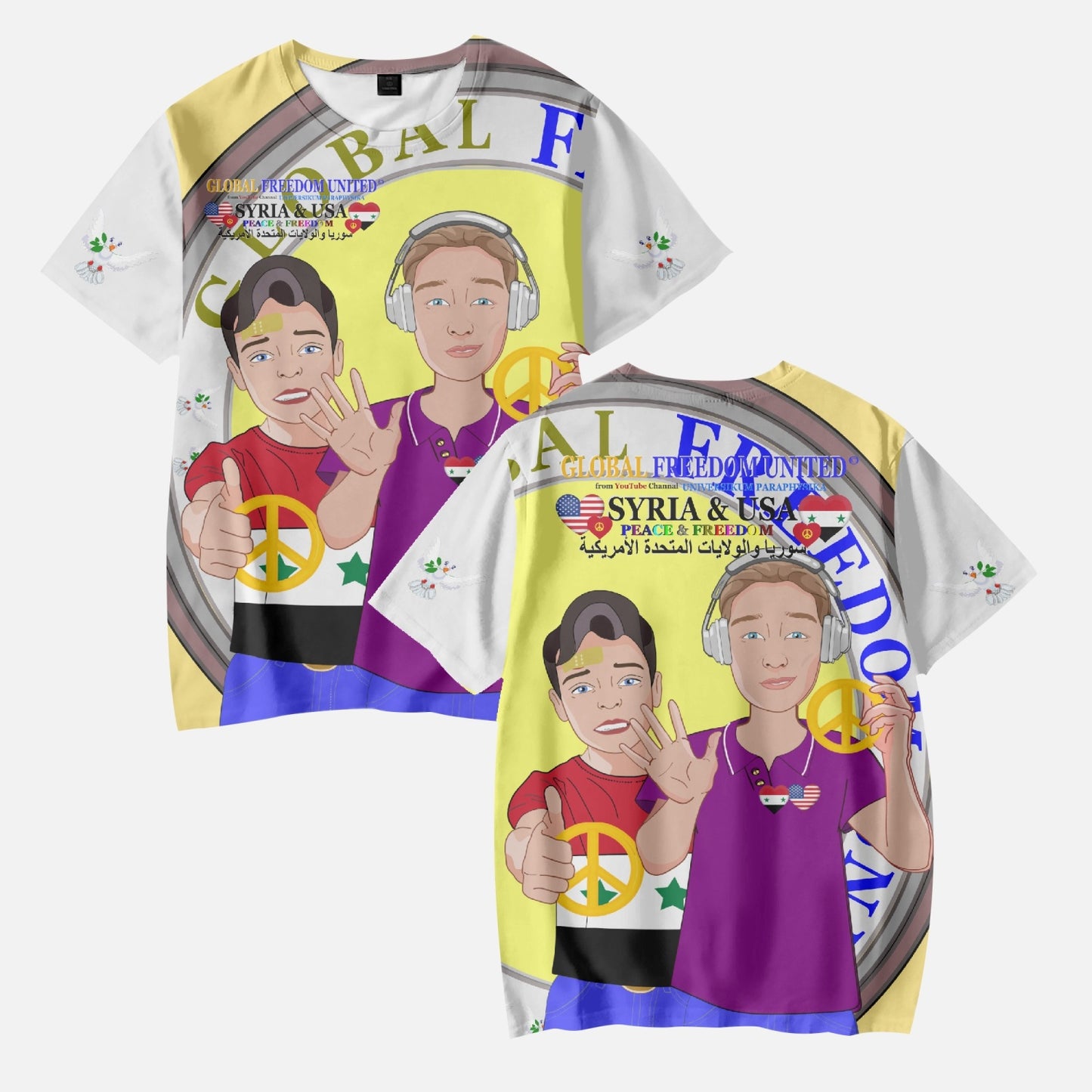 GLOBAL FREEDOM UNITED BOYS SYRIA & USA OLD PEACE YELLOW AOP Kids' Short T-Shirts