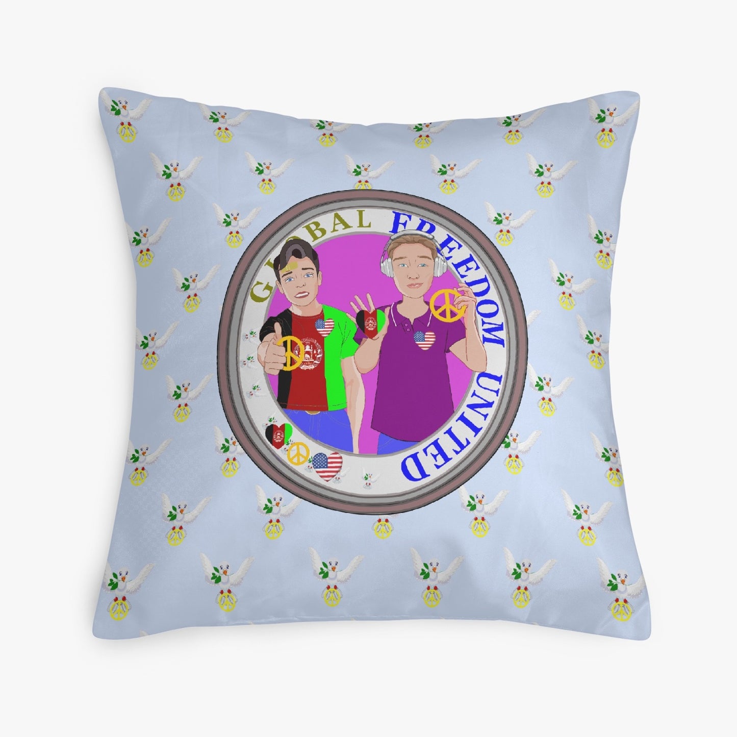 GLOBAL FREEDOM UNITED© Men AFGHANISTAN & USA  LIGHT BLUE 18'' Square Pillow Cover