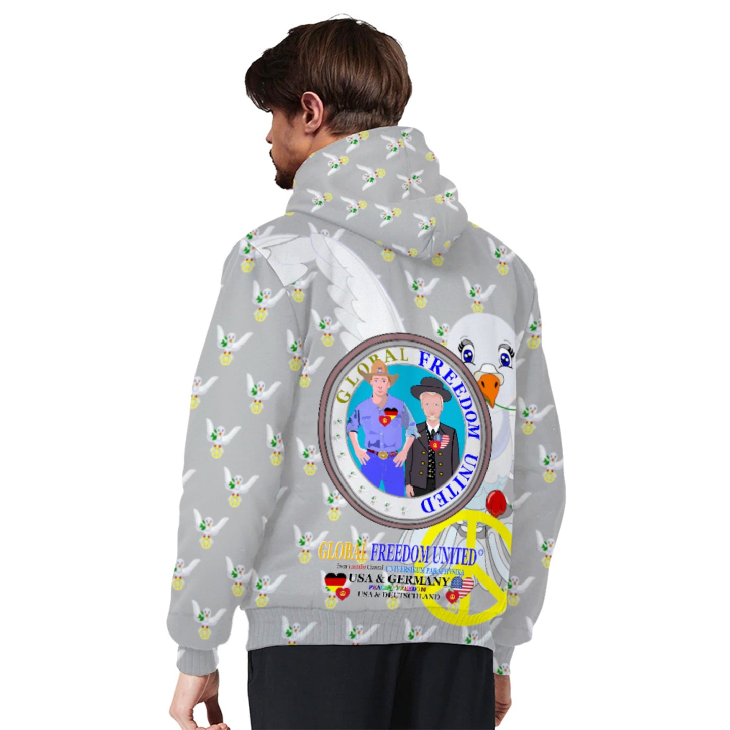 Plush Hoodie GLOBAL FREEDOM UNITED© Men USA & Germany Grey