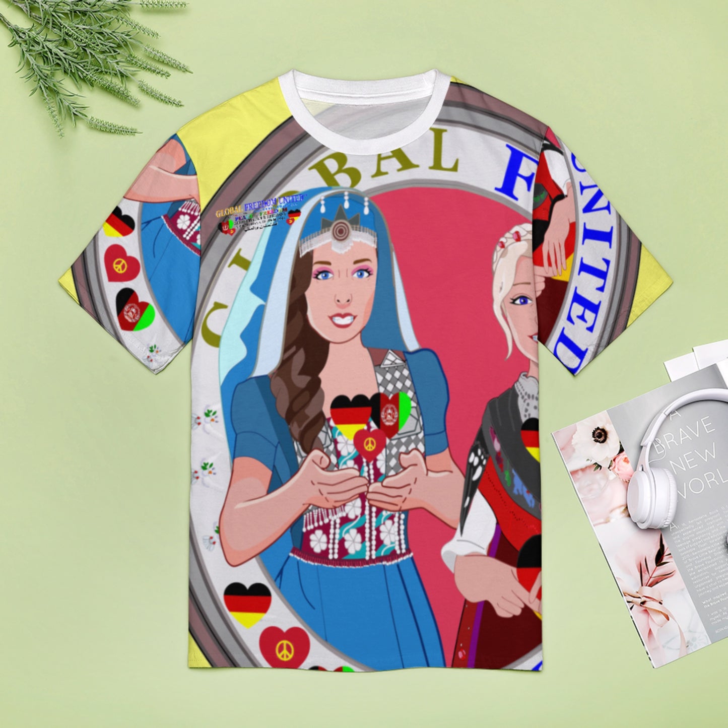 Full Print T-shirt Global Freedom United Women Afghanistan & Germany Old Peace Yellow
