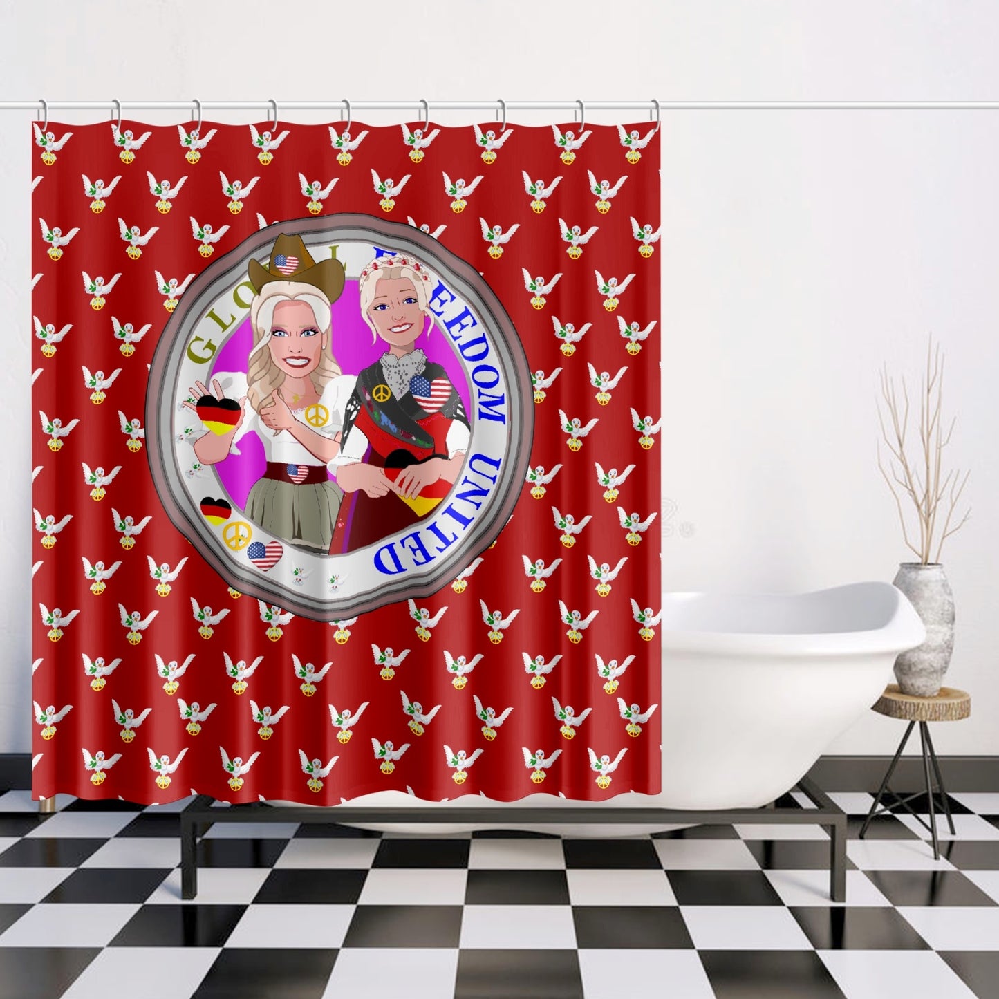 SHOWER CURTAIN GLOBAL FREEDOM UNITED WOMEN GERMANY & USA OLD PEACE RED