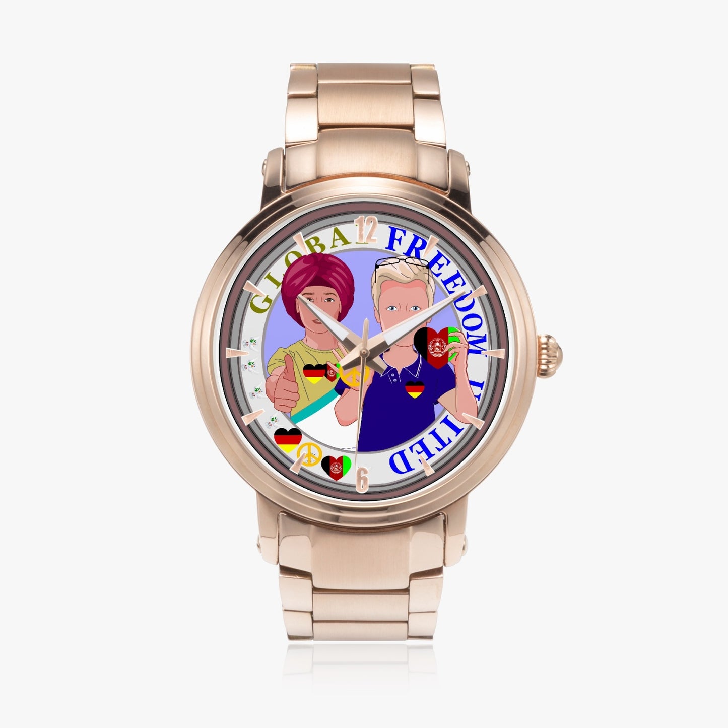 GLOBAL FREEDOM UNITED© Men AFGHANISTAN & GERMANY - New Steel Strap Automatic Watch (With Indicators)