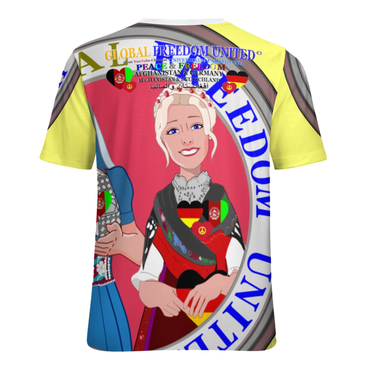 Full Print T-shirt Global Freedom United Women Afghanistan & Germany Old Peace Yellow