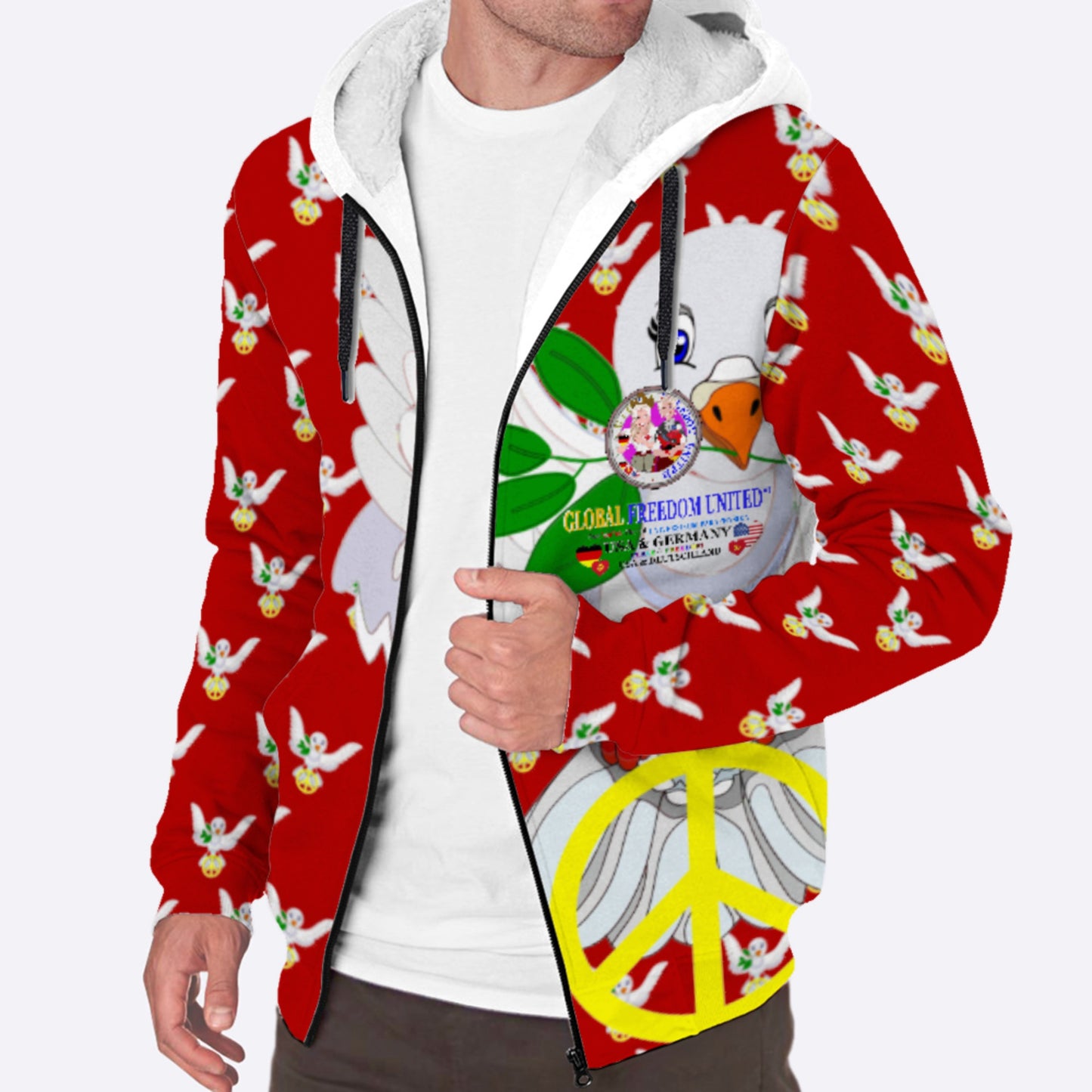 Plush Hoodie GLOBAL FREEDOM UNITED© Women USA & Germany Red