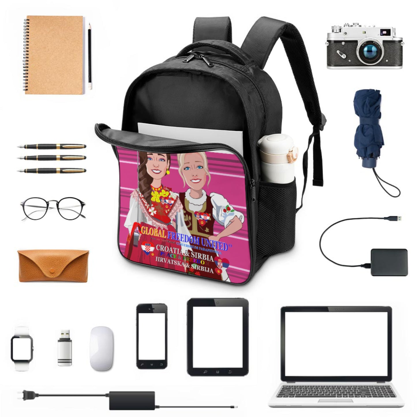 16 Inch 2 Compartment Backpack GLOBAL FREEDOM UNITED© Women Croatia & Serbia Old Peace Pink