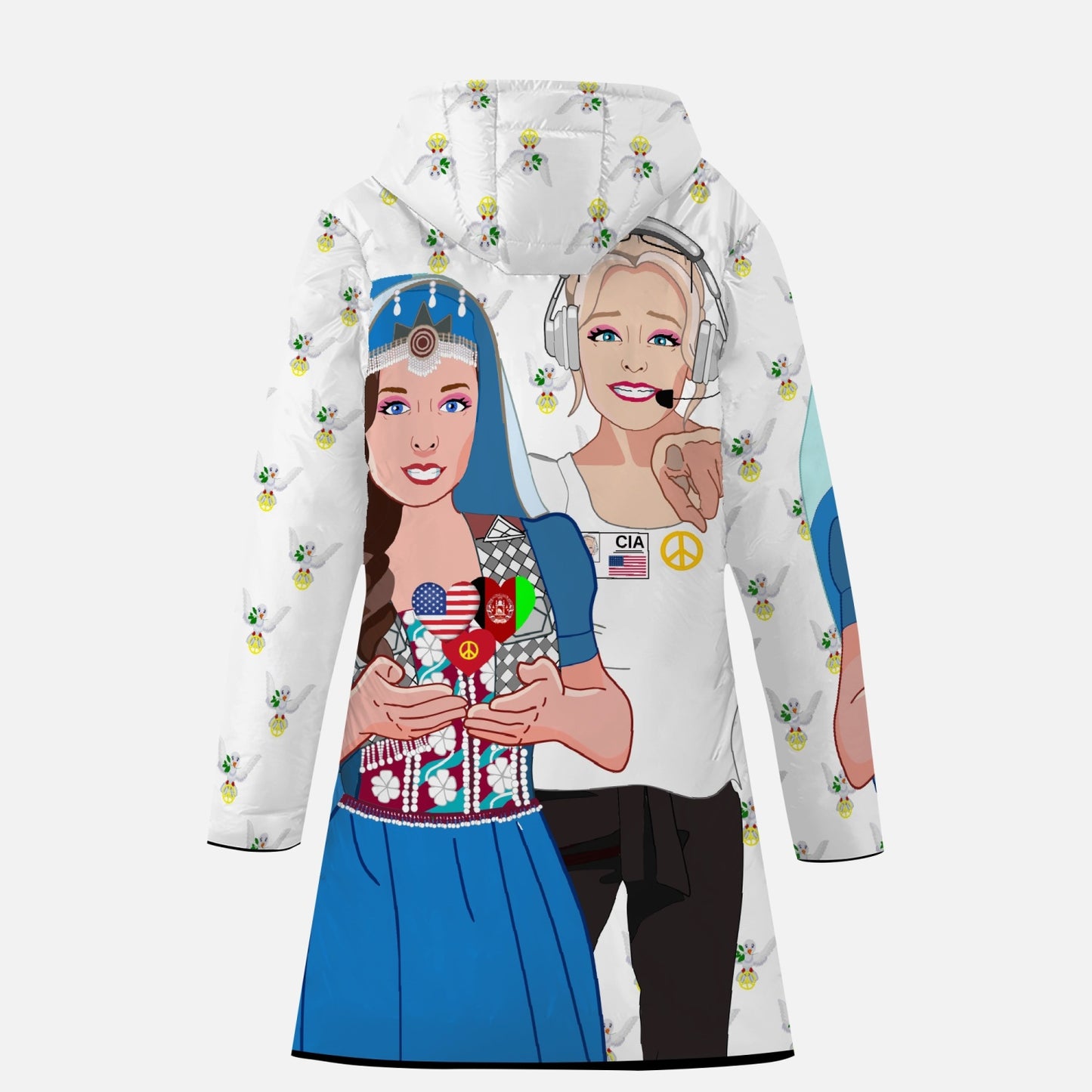 GLOBAL FREEDOM UNITED© Women AFGHANISTAN & USA  WIGHT Long Type Cotton-pad Zipper-up Hoodie