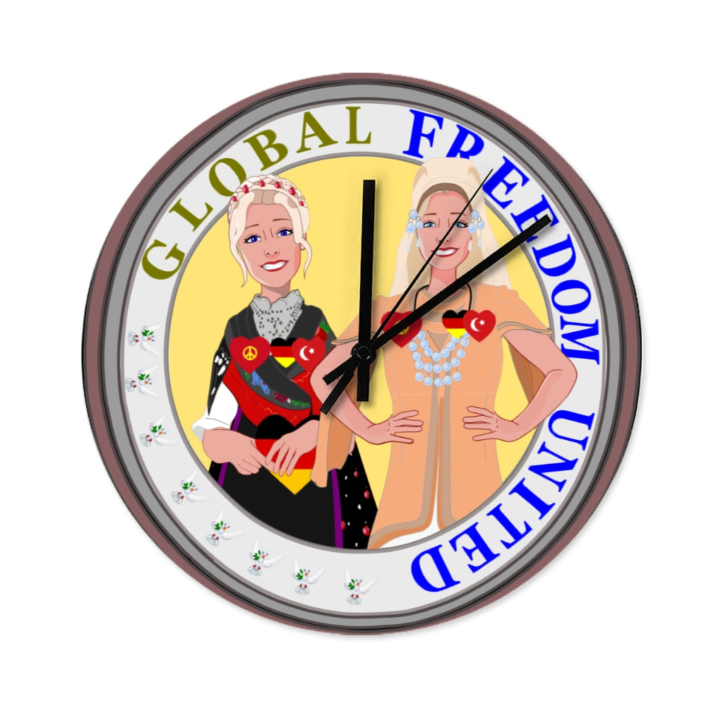 Wooden Wall Clock Without Scale Global Freedom United Women Turkey & Germany Old Peace