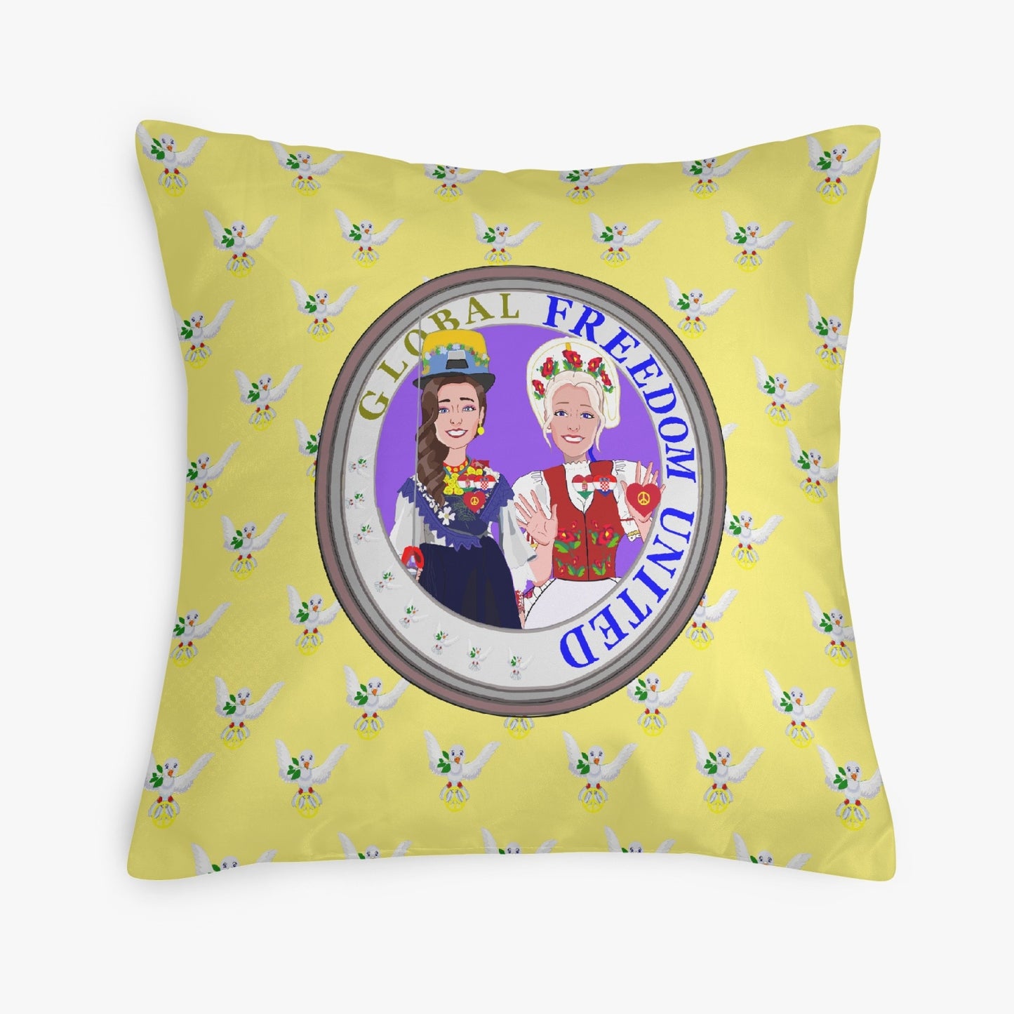 GLOBAL FREEDOM UNITED© Women CROATIA & HUNGARY Yellow 18'' Square Pillow Cover