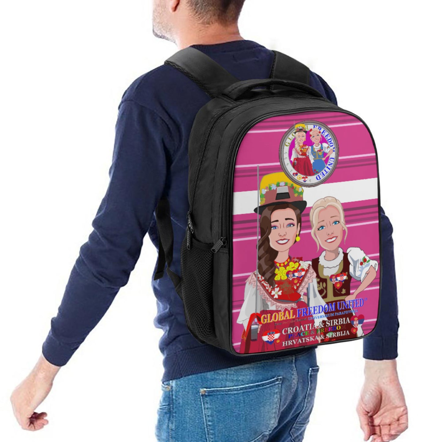 16 Inch 2 Compartment Backpack GLOBAL FREEDOM UNITED© Women Croatia & Serbia Old Peace Pink