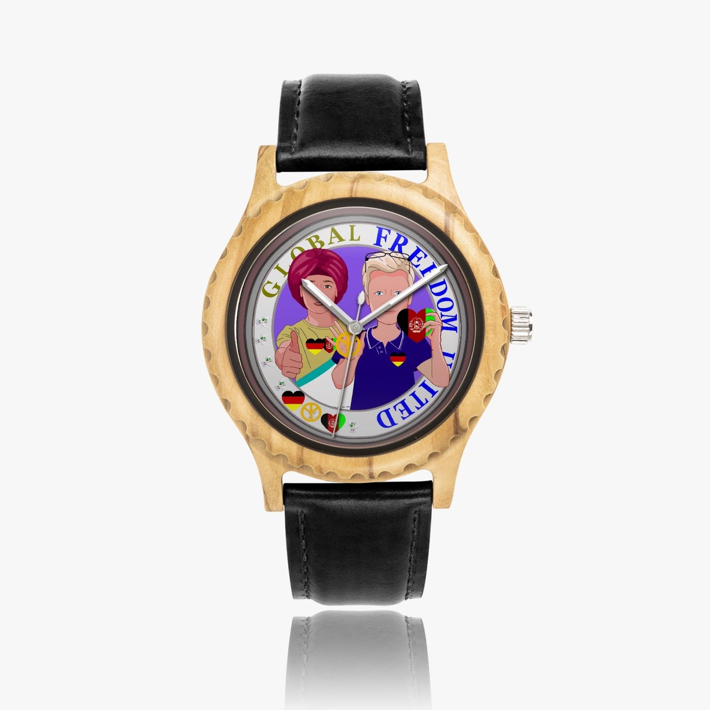 GLOBAL FREEDOM UNITED MEN AFGHANISTAN & GERMANY NEW PEACE Italian Olive Lumber Wooden Watch - Leather Strap