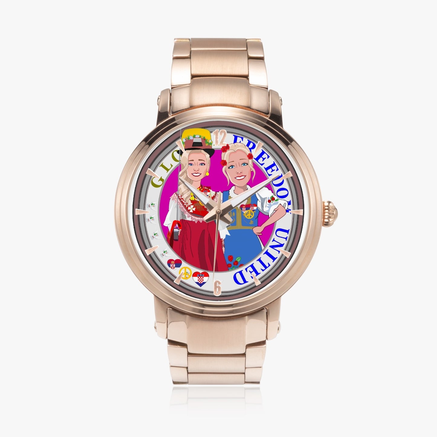 GLOBAL FREEDOM UNITED WOMEN CROATIA & SERBIA OLD PEACE VERSION 2  New Steel Strap Automatic Watch (With Indicators)