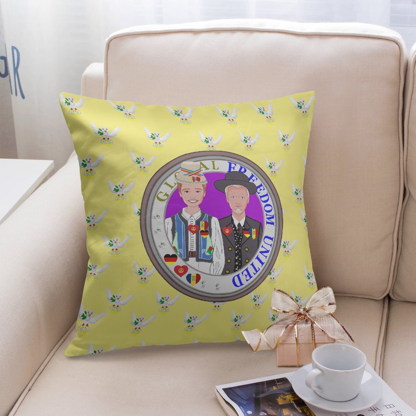 GLOBAL FREEDOM UNITED© Men GERMANY & ROMANIA Yellow 18'' Square Pillow Cover