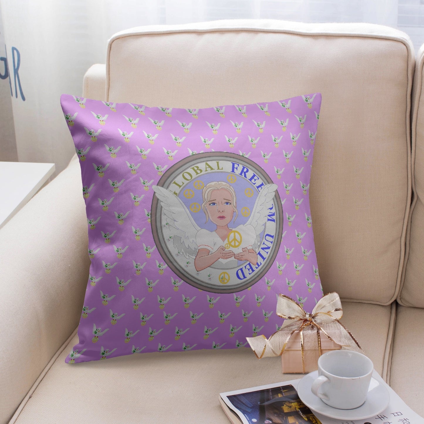 Square Pillow Cover GLOBAL FREEDOM UNITED WOMEN ANGEL OF PEACE LILAC