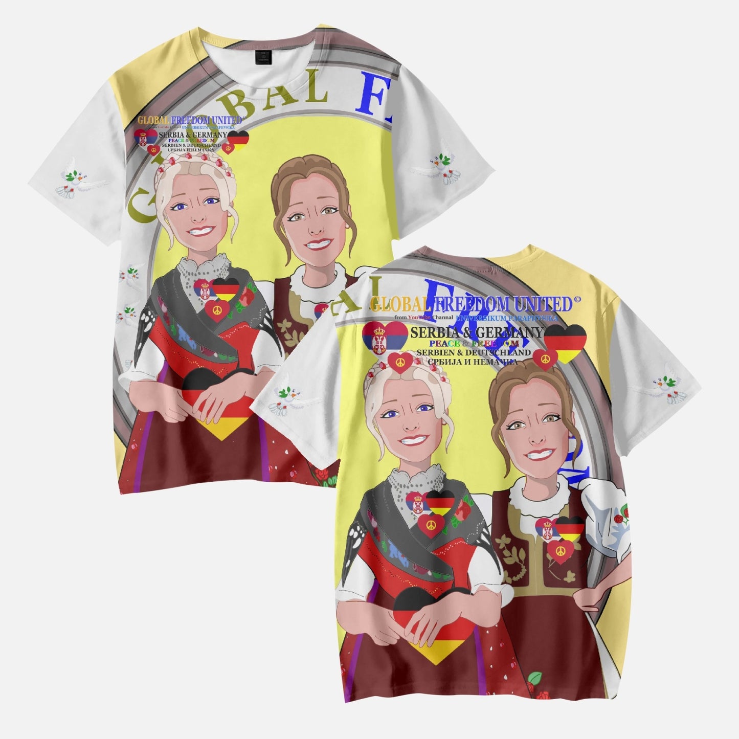 GLOBAL FREEDOM UNITED© GIRLS SERBIA & GERMANY OLD PEACE YELLOW AOP Kids' Short T-Shirts