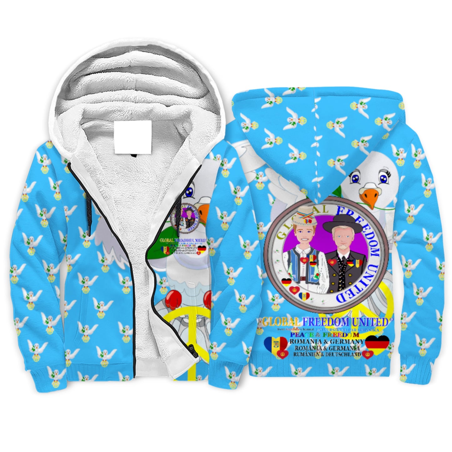 Plush Hoodie GLOBAL FREEDOM UNITED© Men Romania & Germany Blue