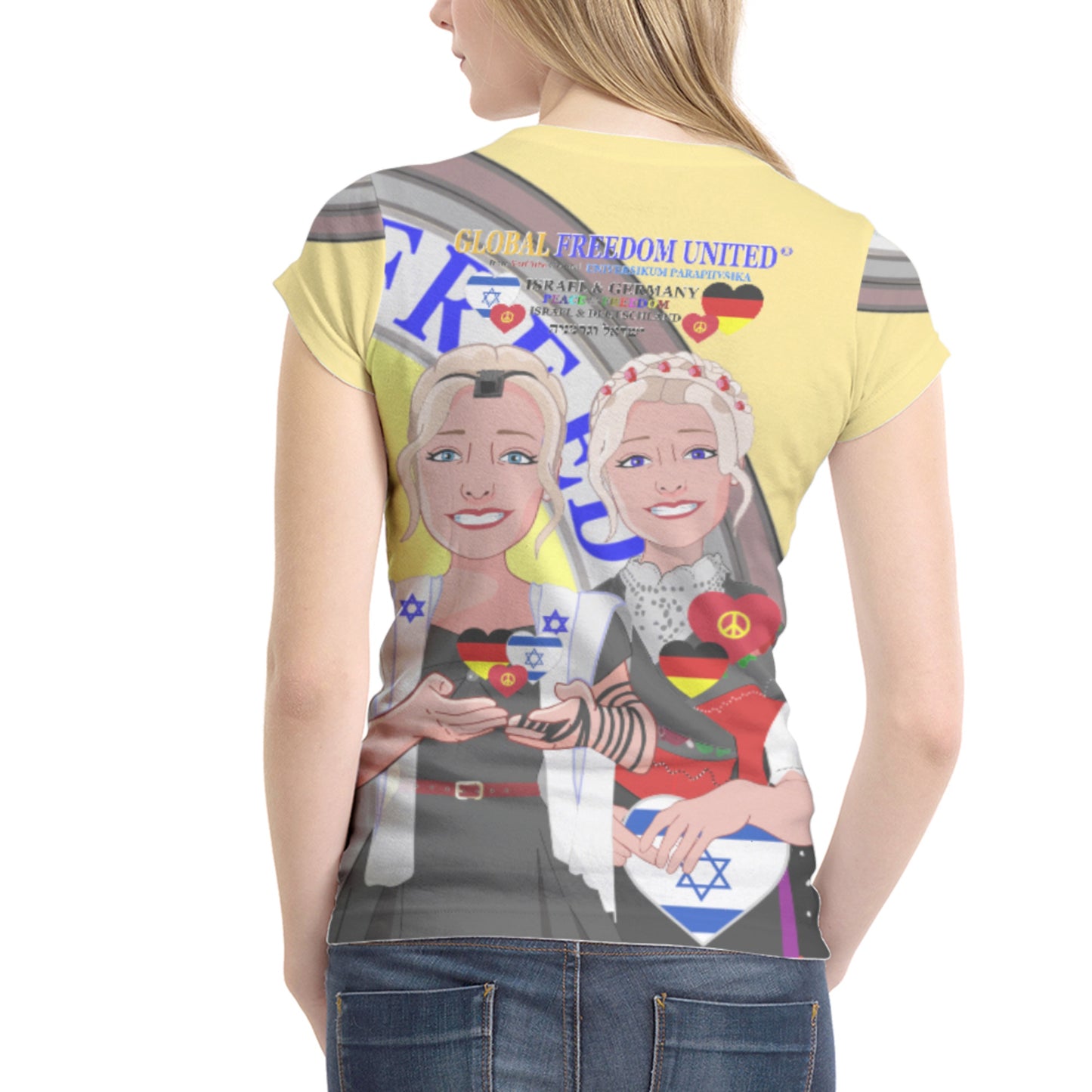 Women´s T-shirt GLOBAL FREEDOM UNITED© Israel & Germany Old Peace Version 2 Yellow