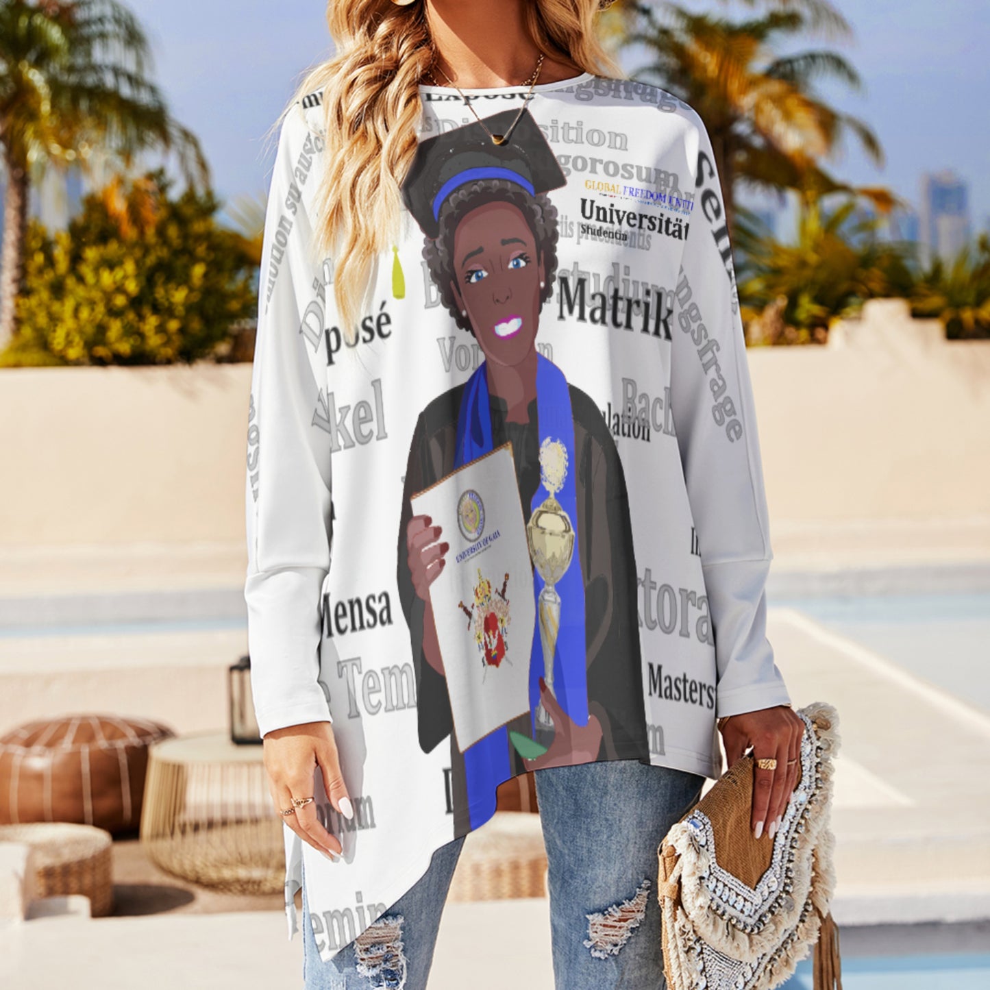 Pullover Long Sleeve T-shirt Global Freedom United Afro Student Girl Gold Place