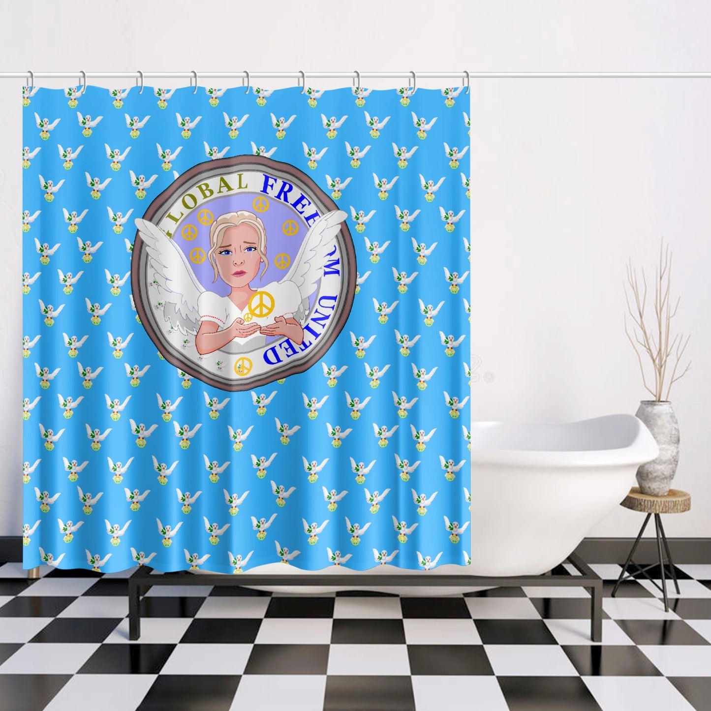 Quick-drying Shower Curtain GLOBAL FREEDOM UNITED WOMEN ANGEL OF PEACE BLUE