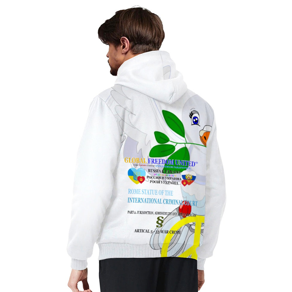 Plush Hoodie GLOBAL FREEDOM UNITED© Men Ukraina & Russia Wight Anti War