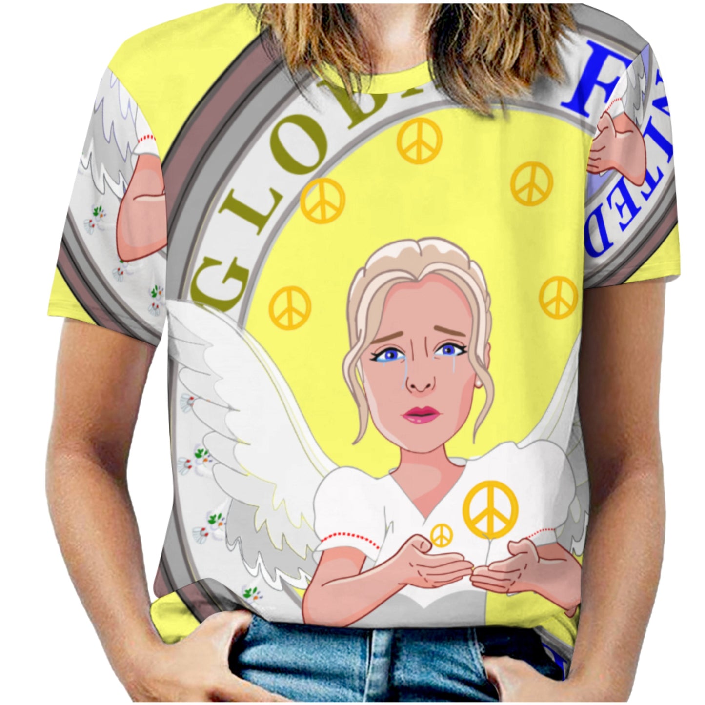 Women´s T-shirt 2 Global Freedom United Women Peace Of Angel Old Peace Yellow