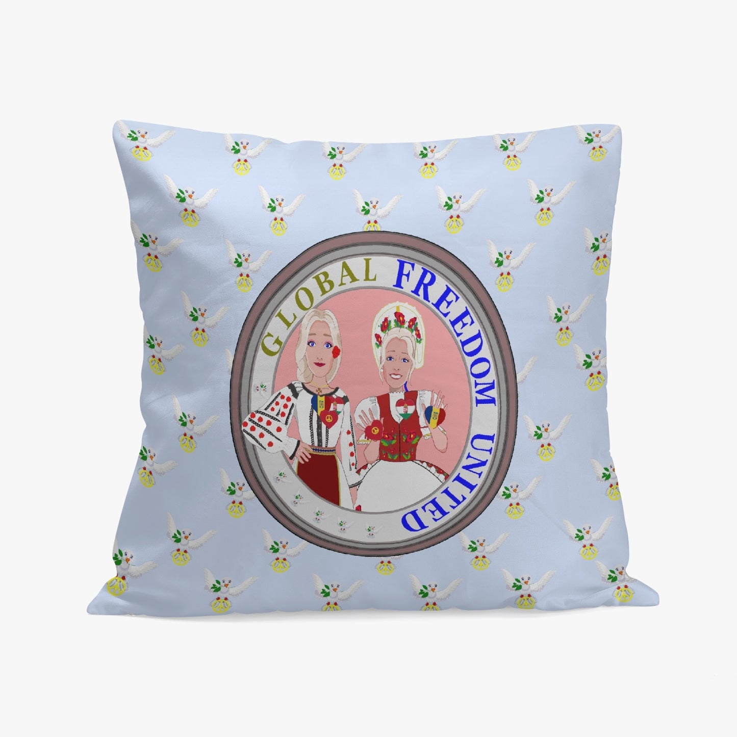 GLOBAL FREEDOM UNITED© Women ROMANIA & HUNGARY Light Blue V1 18'' Square Pillow Cover