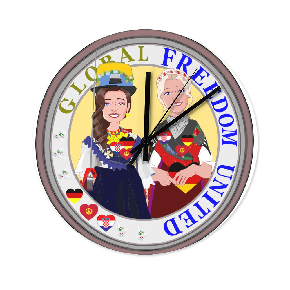 Wooden Wall Clock Without Scale GLOBAL FREEDOM UNITED© Women Croatia & Germany Ring