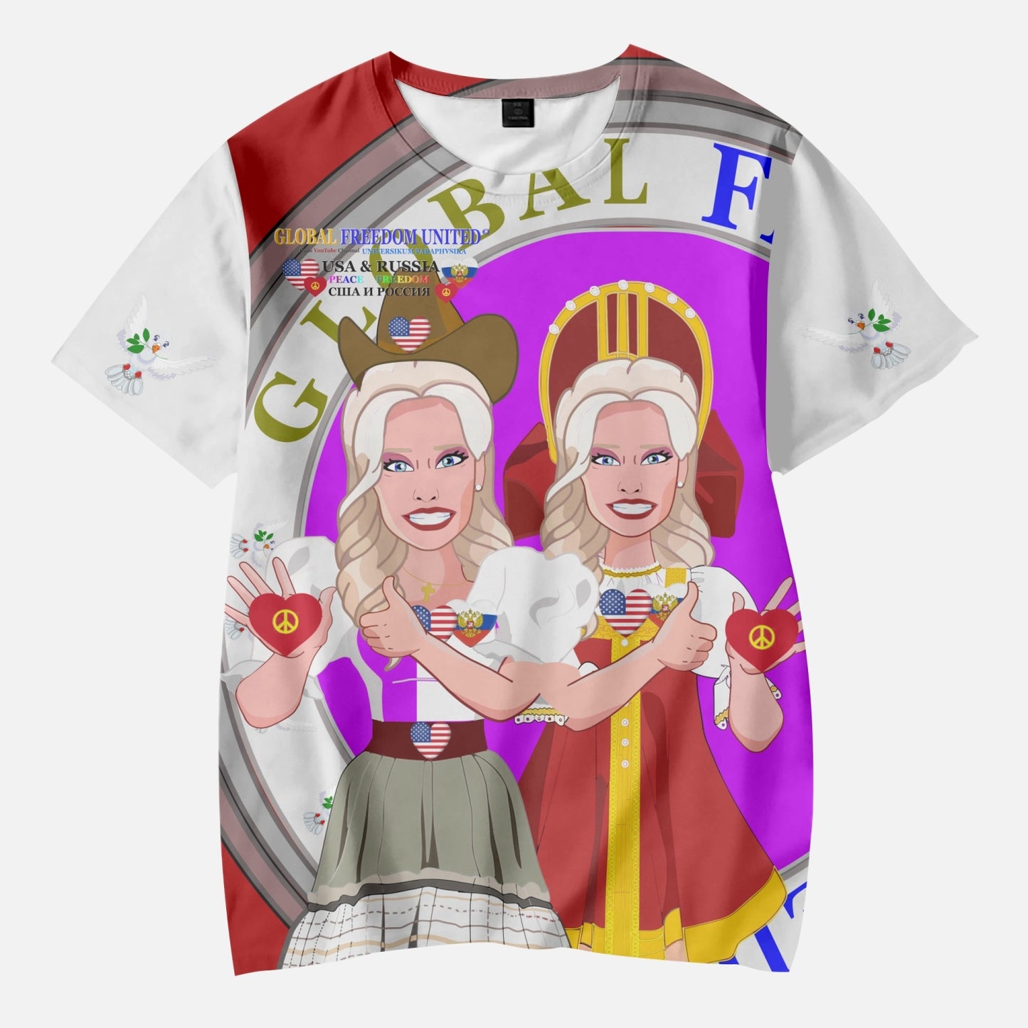 GLOBAL FREEDOM UNITED GIRLS USA & RUSSIA OLD PEACE RED AOP Kids' Short T-Shirts