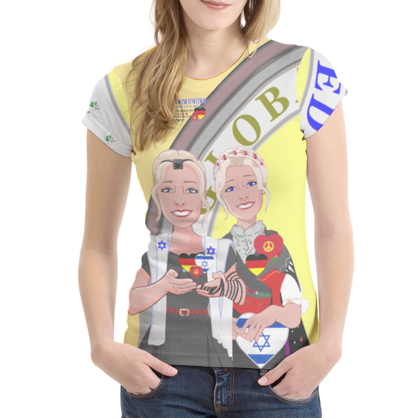 Women´s T-shirt GLOBAL FREEDOM UNITED© Israel & Germany Old Peace Version 2 Yellow