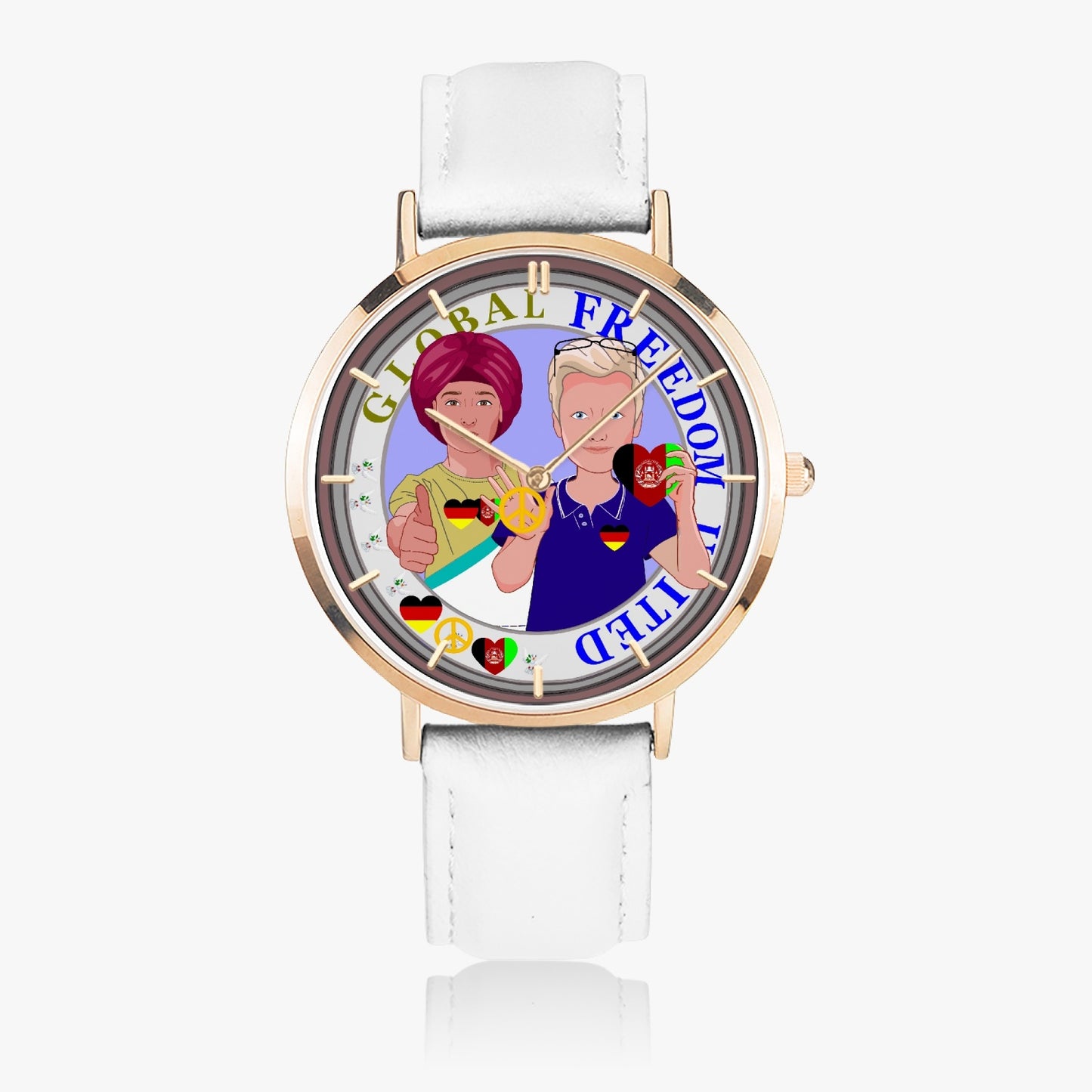 GLOBAL FREEDOM UNITED© Men AFGHANISTAN & GERMANY - Hot Selling Ultra-Thin Leather Strap Quartz Watch (Rose Gold With Indicators)