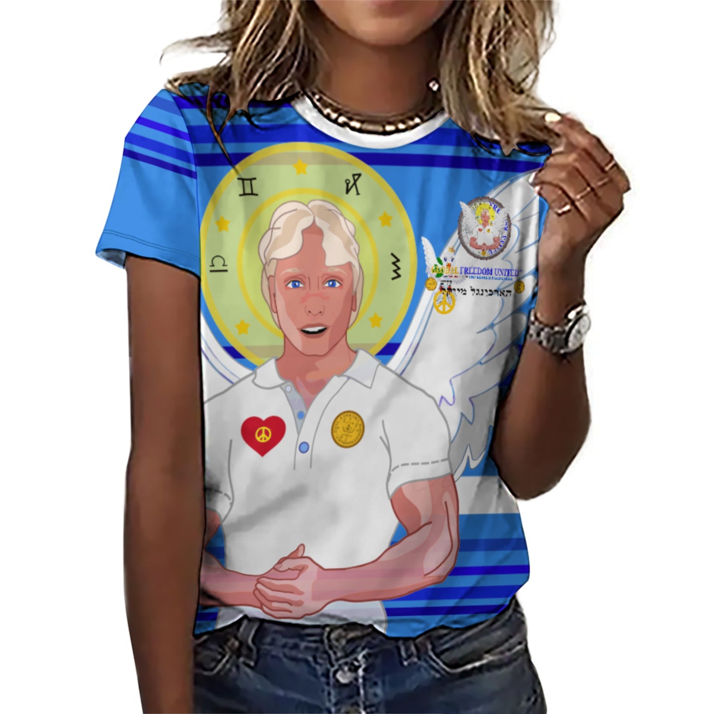 Women´s T-shirt 2 Global Freedom United Archangel Michael Hebrew  Deep Blue