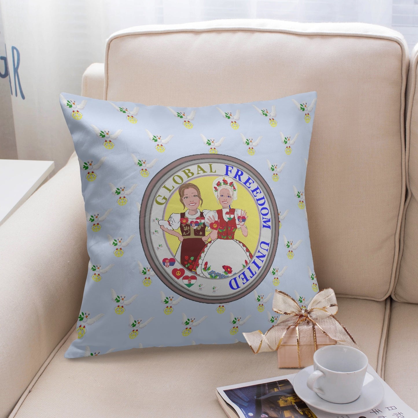 GLOBAL FREEDOM UNITED© WOMEN SERBIA & HUNGARY OLD PEACE LIGHT BLUE 18'' Square Pillow Cover