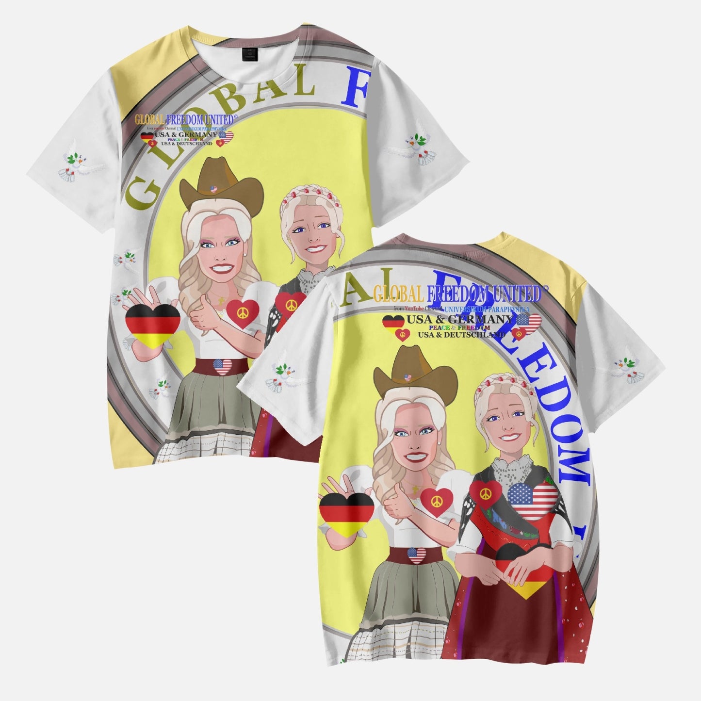 GLOBAL FREEDOM UNITED GIRLS USA & GERMANY OLD PEACE YELLOW AOP Kids' Short T-Shirts