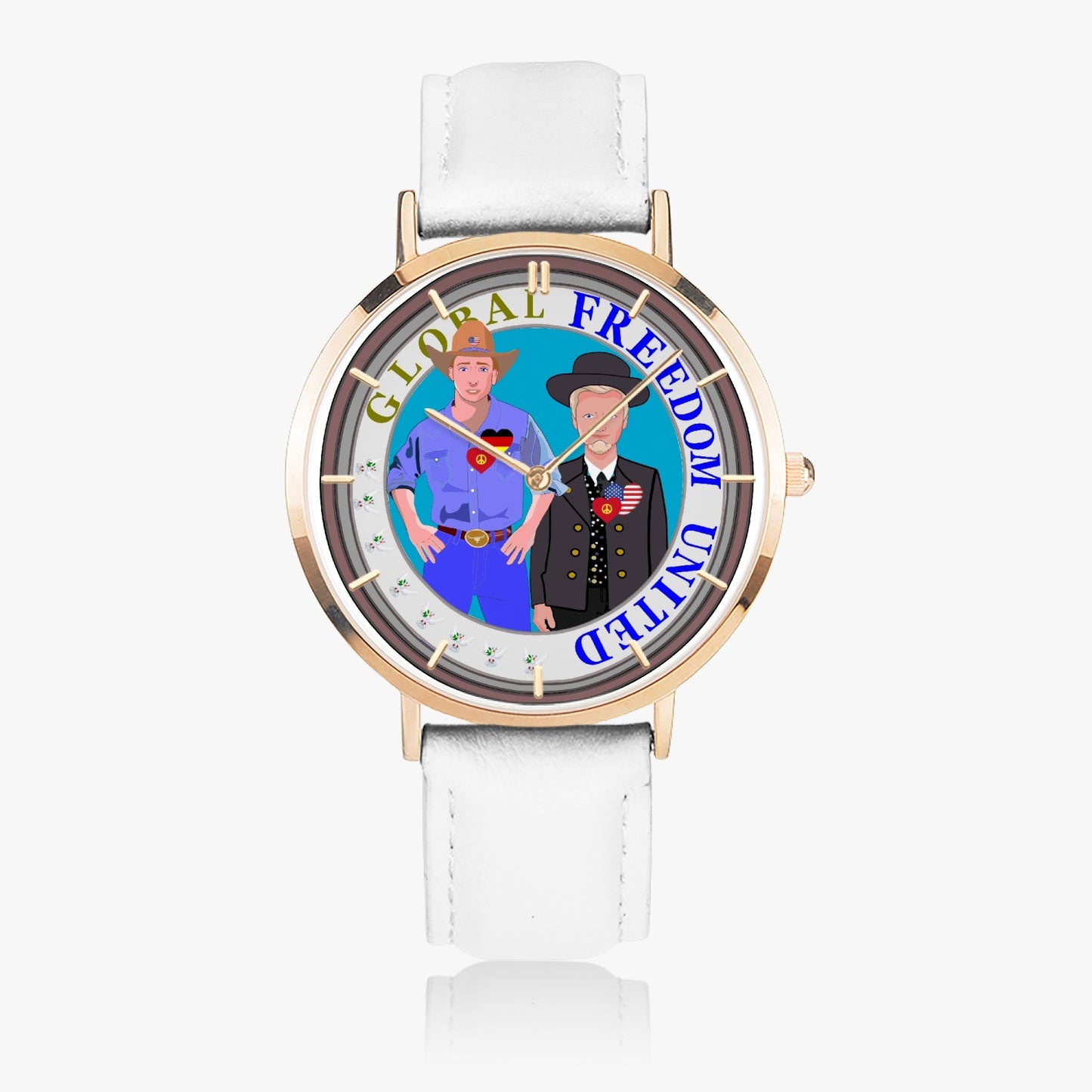 Hot Selling Ultra-Thin Leather Strap Quartz Watch (Rose Gold With Indicators) GLOBAL FREEDOM UNITED MEN USA & GERMANY OLD PEACE