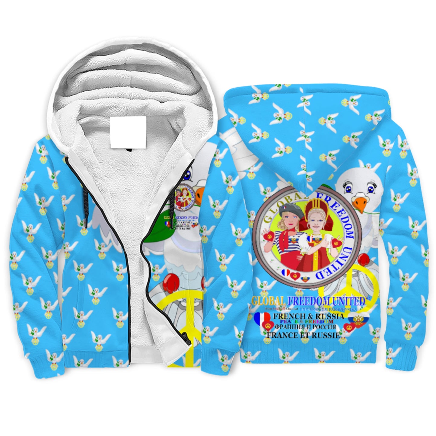 Plush Hoodie GLOBAL FREEDOM UNITED© Women French & Russia Blue
