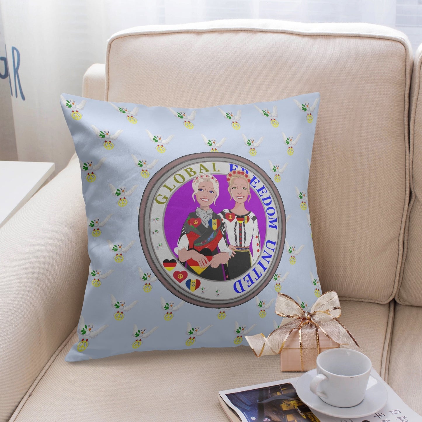 GLOBAL FREEDOM UNITED© Women GERMANY & ROMANIA Light Blue 18'' Square Pillow Cover