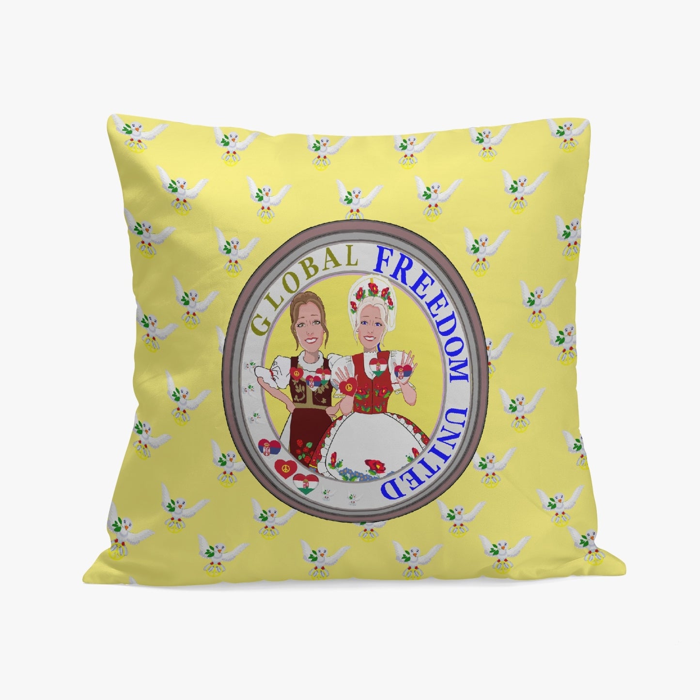GLOBAL FREEDOM UNITED© Women SERBIA & HUNGARY Yellow 18'' Square Pillow Cover