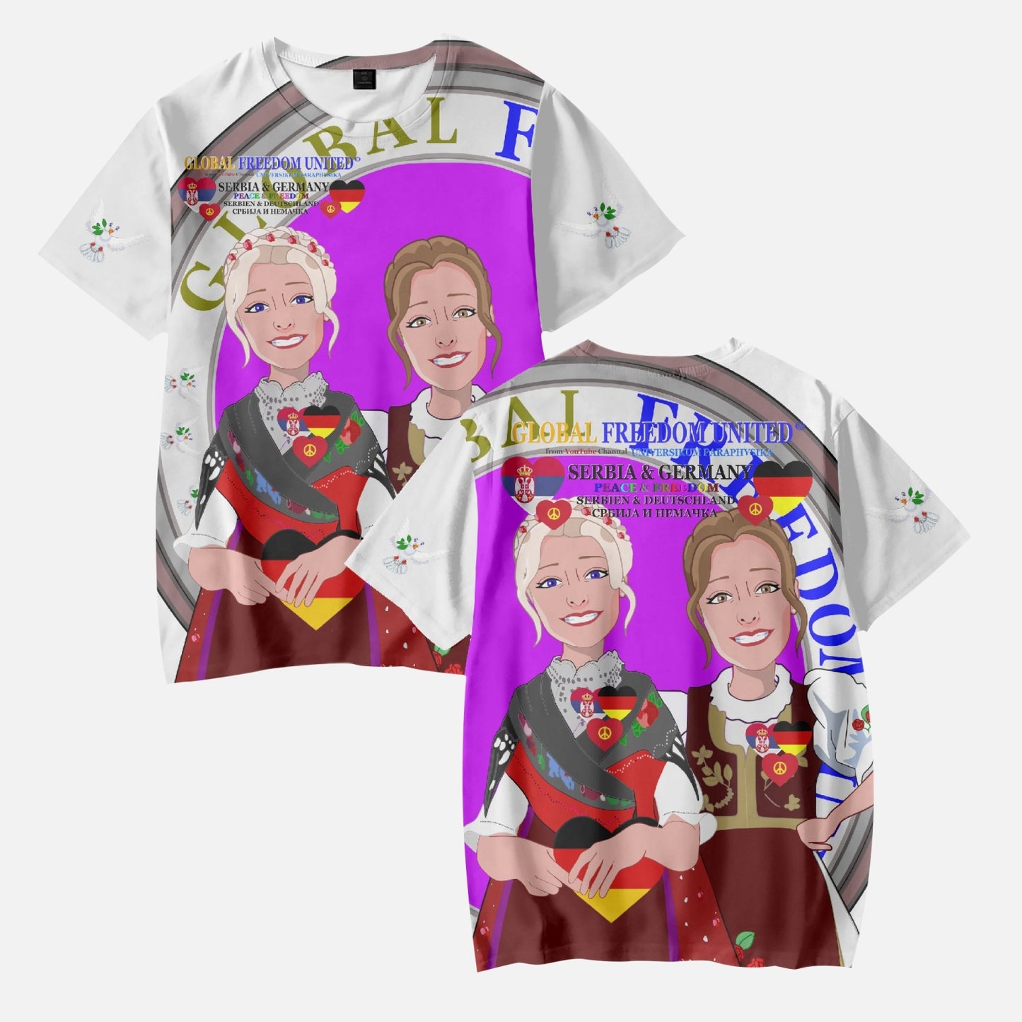 GLOBAL FREEDOM UNITED©  GIRLS SERBIA & GERMANY OLD PEACE WIGHT AOP Kids' Short T-Shirts
