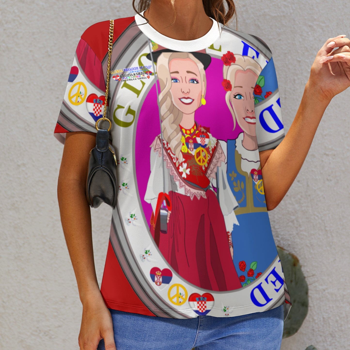 Women´s T-shirt 2 GLOBAL FREEDOM UNITED© Women Croatia & Serbia Blondi Red