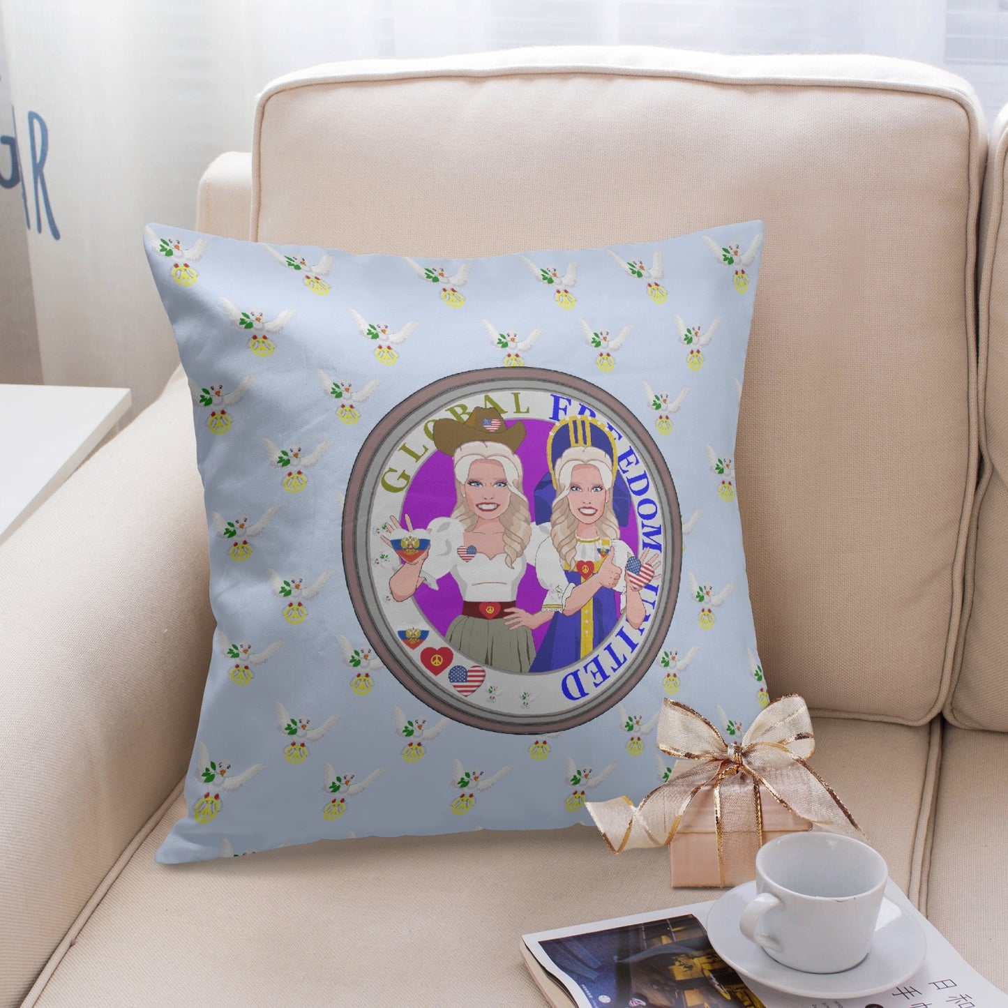 GLOBAL FREEDOM UNITED© Women RUSSIA & USA LIGHT BLUE 18'' Square Pillow Cover