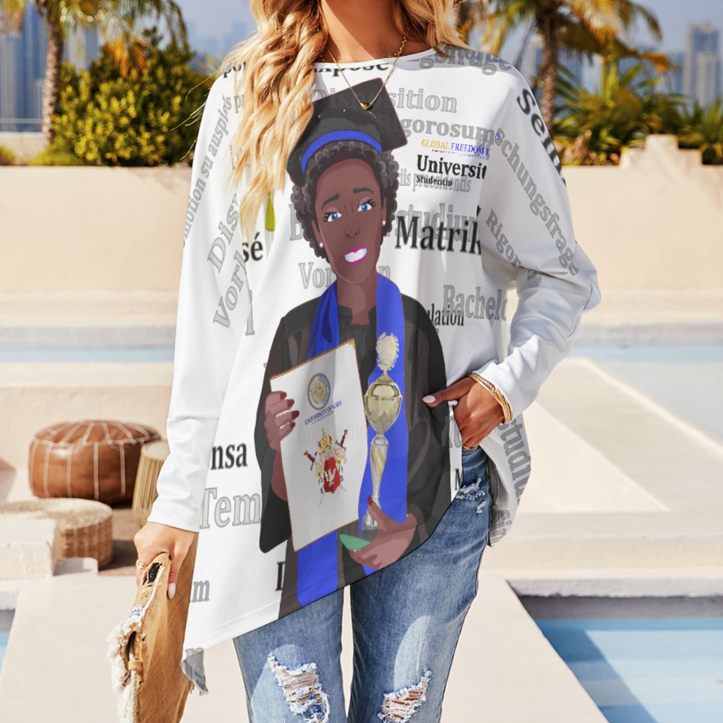 Pullover Long Sleeve T-shirt Global Freedom United Afro Student Girl Gold Place