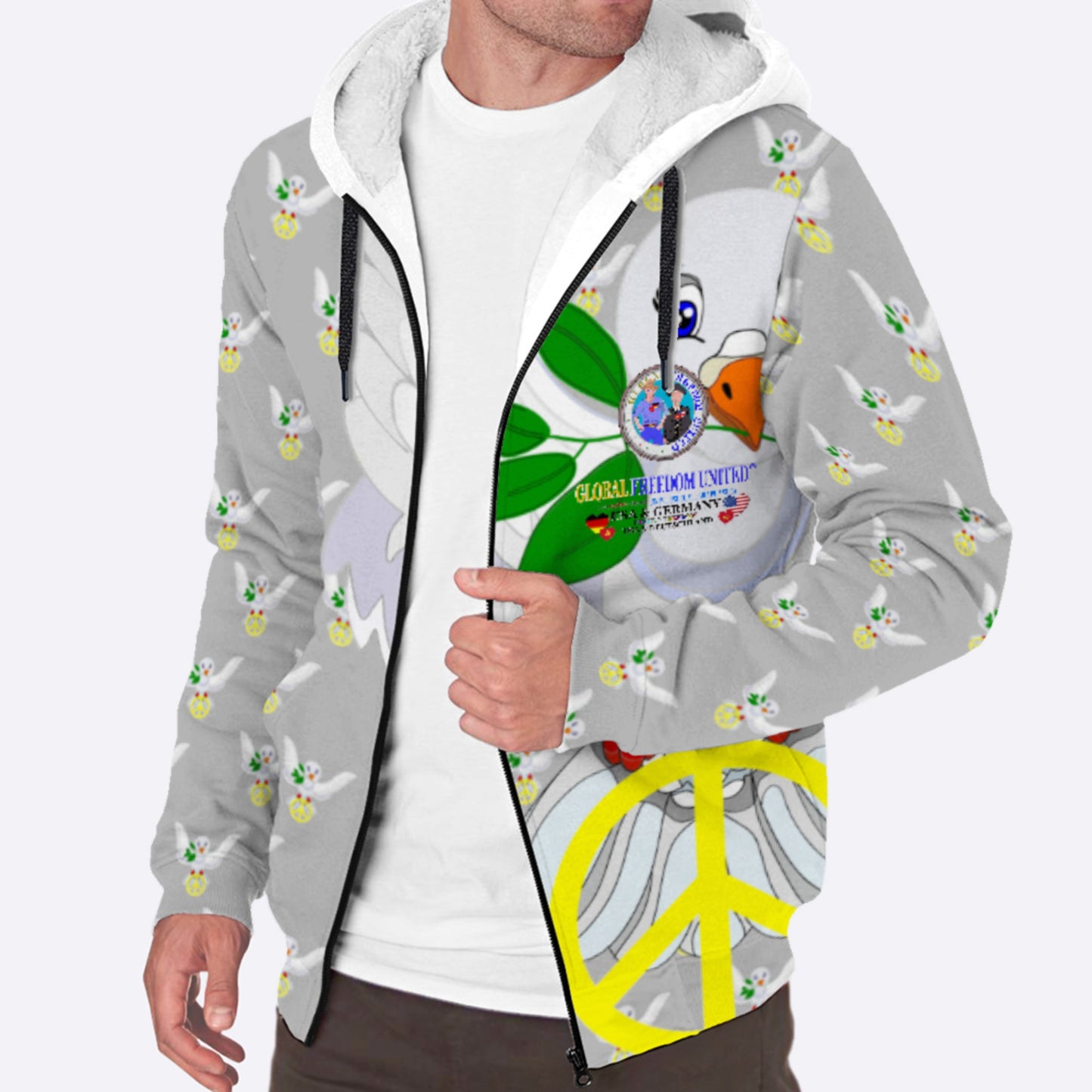 Plush Hoodie GLOBAL FREEDOM UNITED© Men USA & Germany Grey